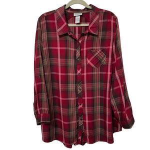 Catherines Women’s Button Up Top Plus Size 1X(18-20W)Plaid Red/Black/Tan